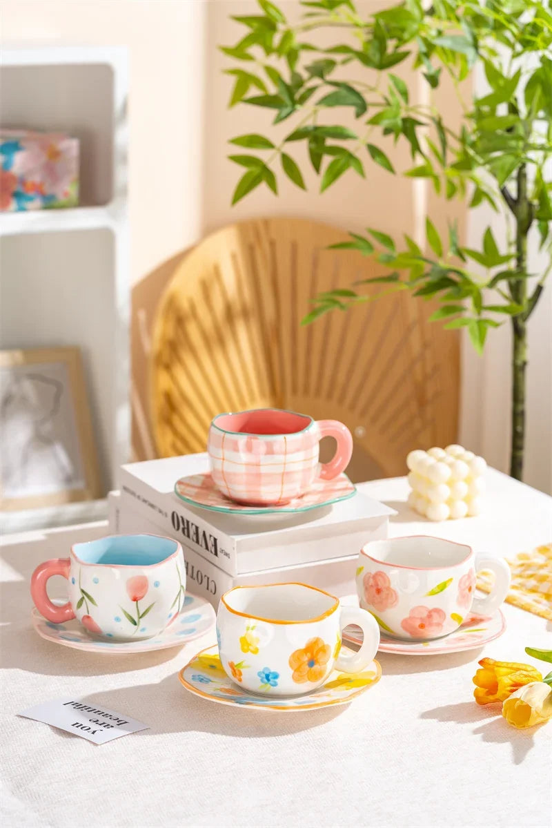 Hand-Painted Ceramic Mug with Irregular Korean-Style Shape and Floral, Heart or Playful Pattern Options for Breakfast Coffee and Afternoon Tea, Cup Only