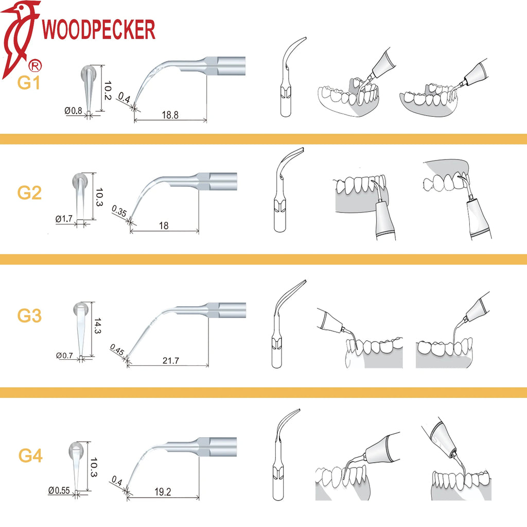 Ultrasonic Scaler Handpiece and Tip Options by Woodpecker, HW-5L LED Handpiece or P, E and G Series Tips for Compatible Dental Equipment