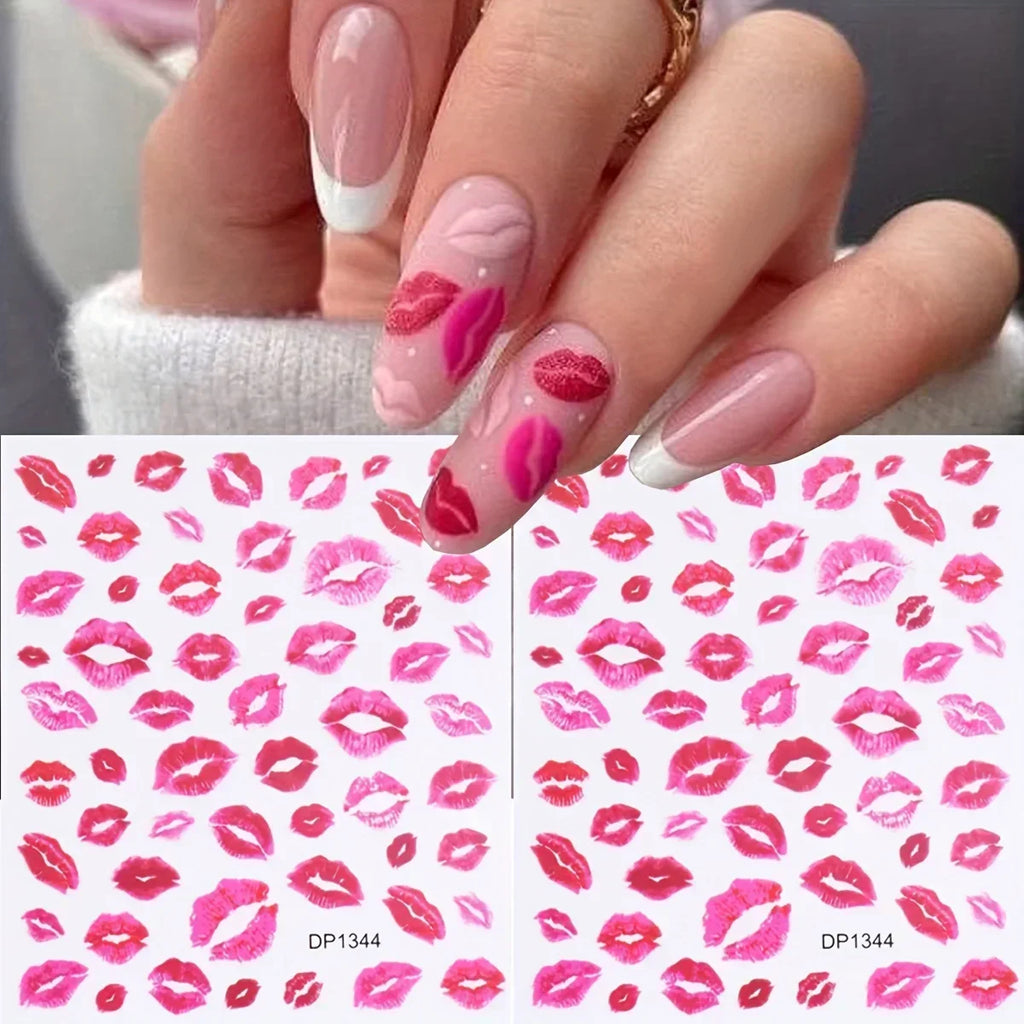 Heart and Kiss Nail Art Stickers, Red Self-Adhesive Matte Finish Decals for Romantic DIY Manicures, Valentine's Day Styling and Everyday Nail Decoration