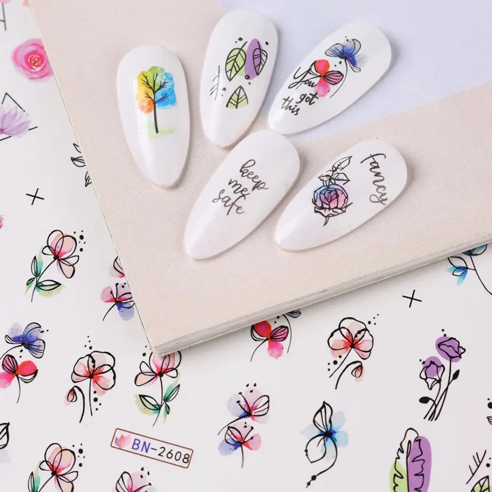 Water Transfer Nail Decals, BN2605-2616 Nail Art Slider Stickers for DIY Manicure Decoration, At-Home Styling and Seasonal Nail Design Ideas