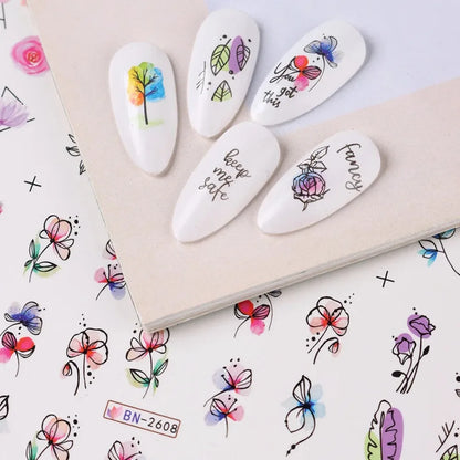 Water Transfer Nail Decals, BN2605-2616 Nail Art Slider Stickers for DIY Manicure Decoration, At-Home Styling and Seasonal Nail Design Ideas