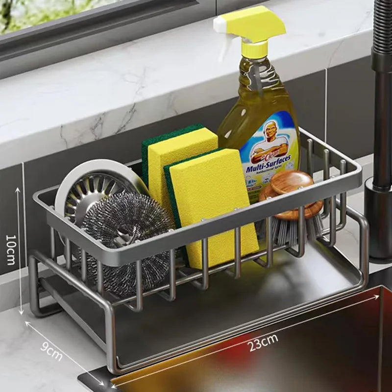 Kitchen Sink Organizer in Carbon Steel with Tilted Water Tray, Listed 23 x 9 x 10 cm Sponge and Brush Storage Rack for Sink-Side Kitchen Organization