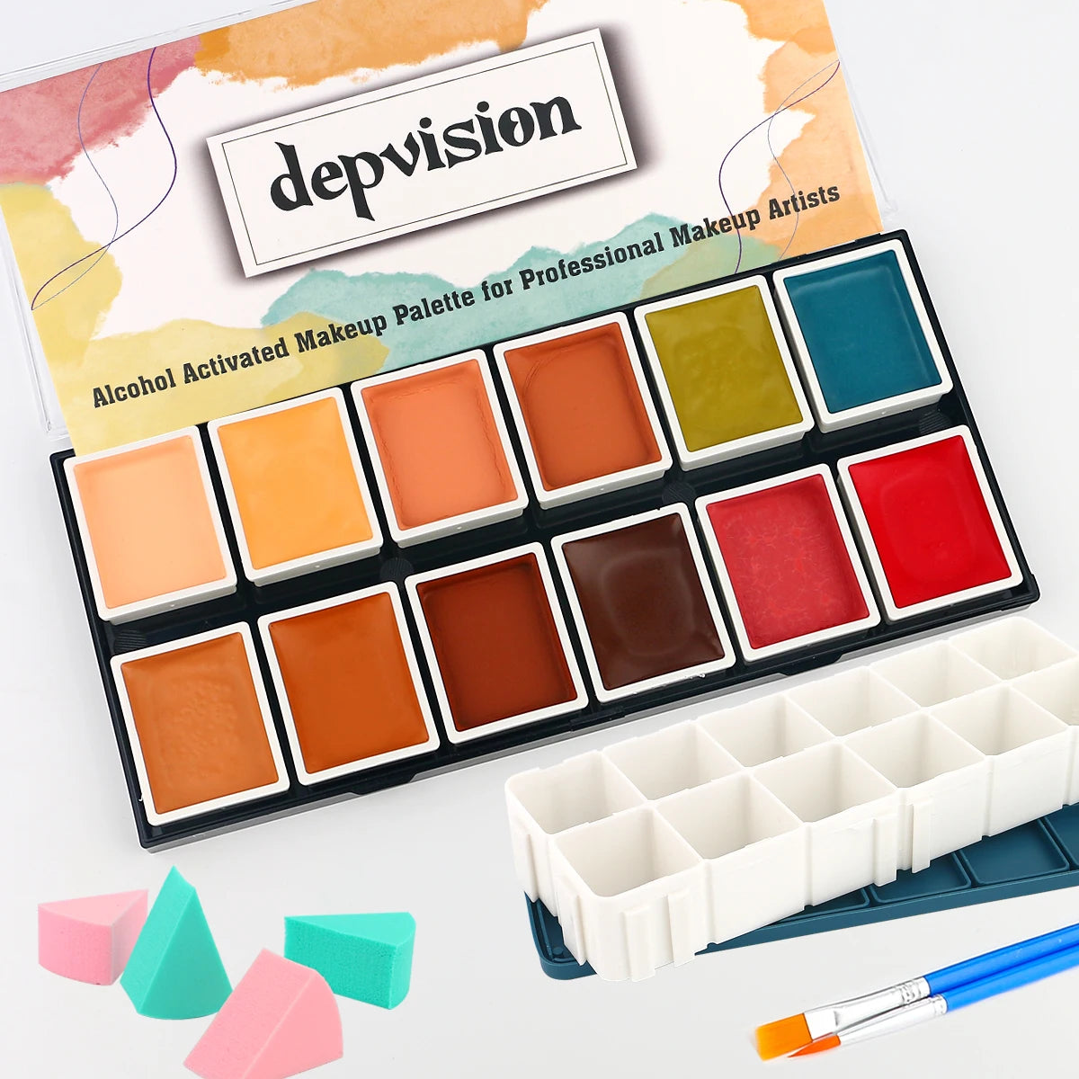 Alcohol Activated SFX Makeup Palette by Depvision with 12 Listed Colors for Simulated Bruise and Wound Effects, Halloween Costume, Cosplay and Stage Styling