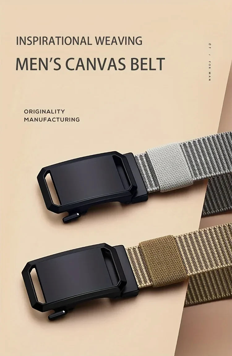 Men's Canvas Belt with Automatic Buckle, 120cm Tactical-Style Pants Belt in Gray, Black, Light Brown or Green for Casual Outfits and Everyday Workwear