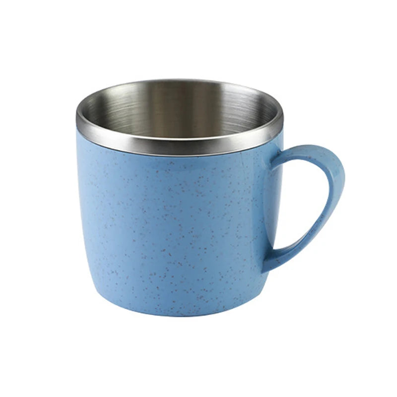 220ml Stainless Steel Mug with Plastic Handle and Double-Layer Design, Single Coffee, Tea and Milk Cup in Blue, Green, Pink or Beige for Home and Office