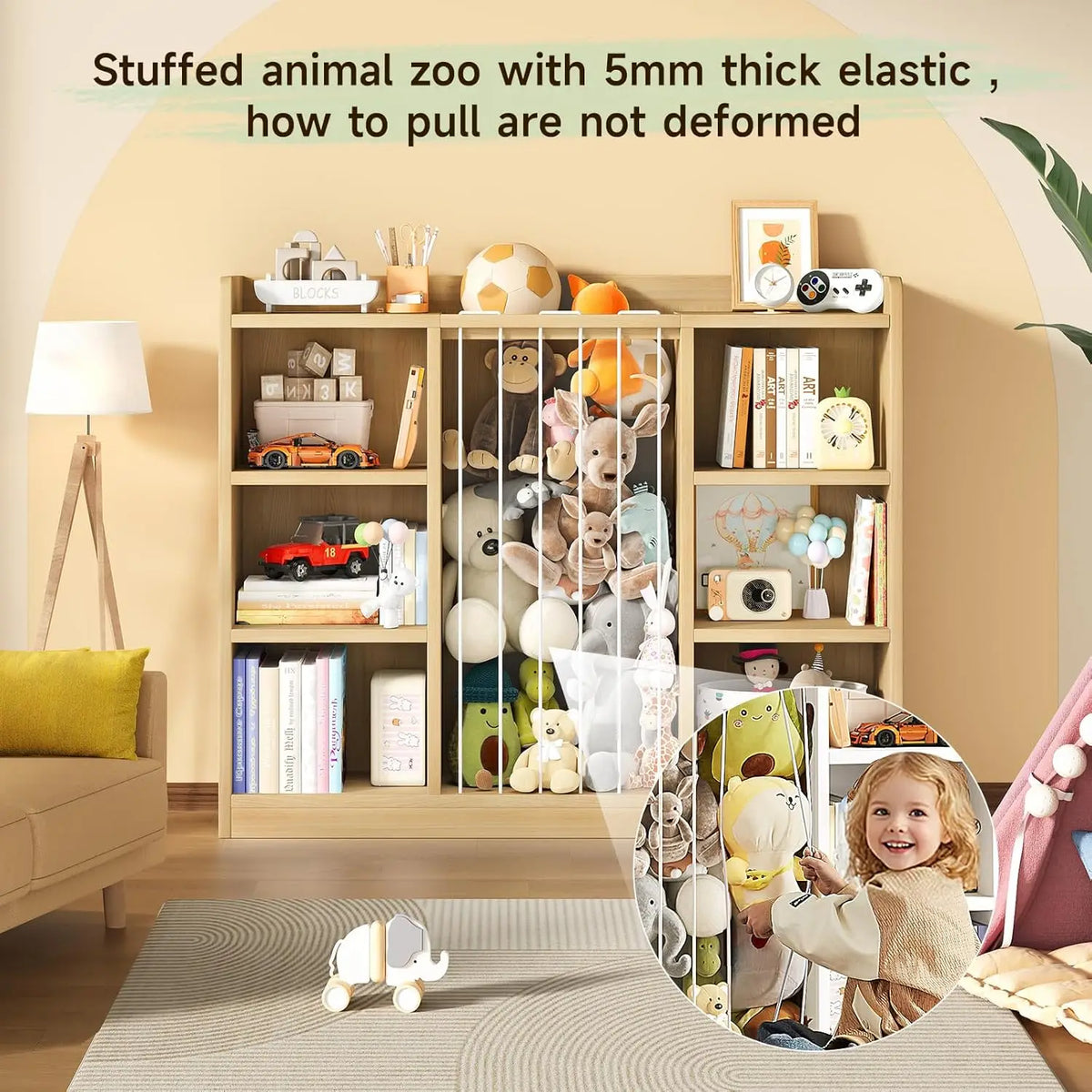 Toy Storage Shelf with Six Cubes and Rounded Corners, Light Yellow or Ivory Stuffed Animal Organizer for Playroom Cleanup and Bedroom Storage