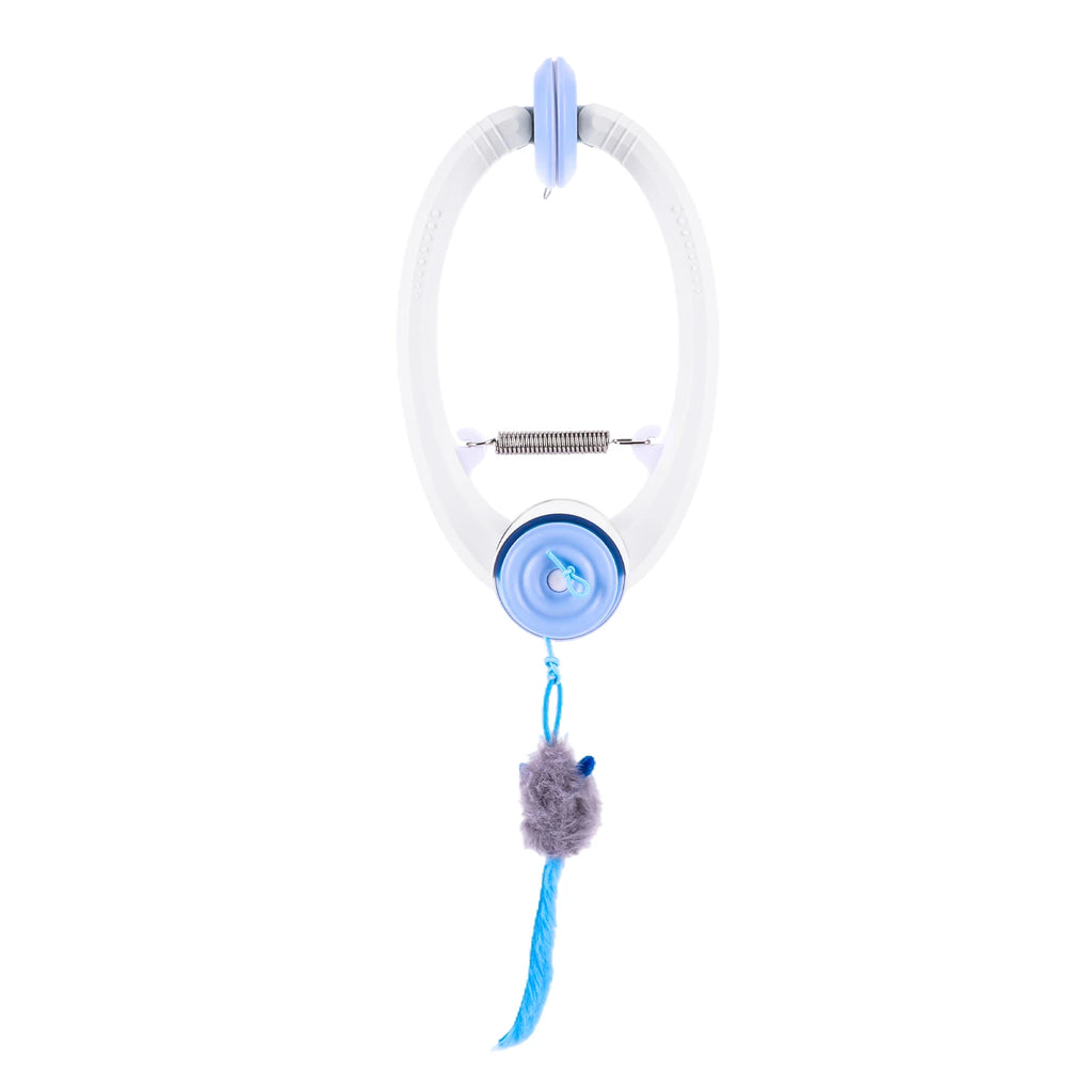 Rechargeable Door Hanging Cat Toy with Three Modes, Retractable Teaser Rope and Three Catnip Mouse Accessories, Blue Indoor Toy for Supervised Play