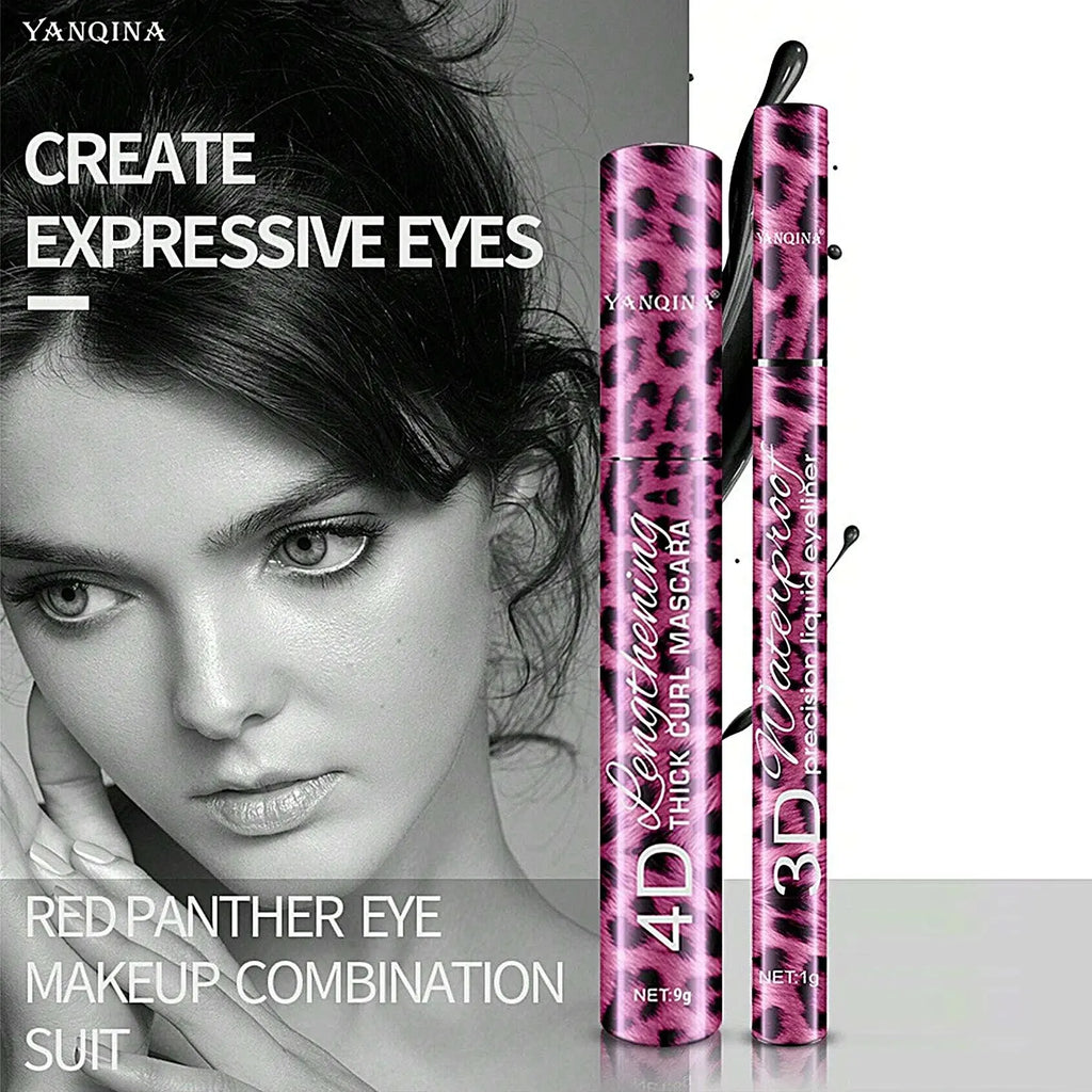 Eyeliner and Mascara Set by YANQINA with Eyebrow Pencil, Liquid Eye Liner and Volumizing Curl-Look Mascara for Everyday and Evening Makeup