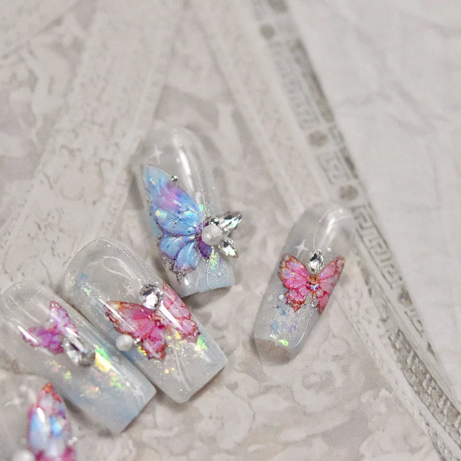 Butterfly 5D Nail Art Stickers, Kawaii Japanese-Inspired Glitter Shell Aurora Style Manicure Decals in Four Design Options for DIY Nail Decoration