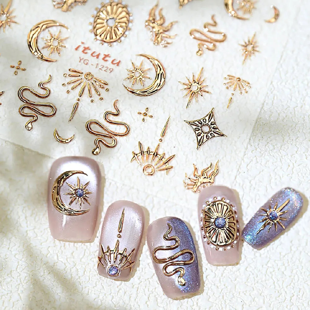 Snake and Moon Nail Art Stickers, Gold and Silver 5D Self-Adhesive Star Decals with Bronzing-Style Details for DIY Manicures and Nail Decoration
