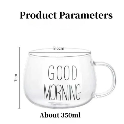 Letter Printed Glass Mug with Handle, Single 350ml Coffee and Tea Cup in Black Label or White Label Options for Breakfast Milk and Home Drinkware