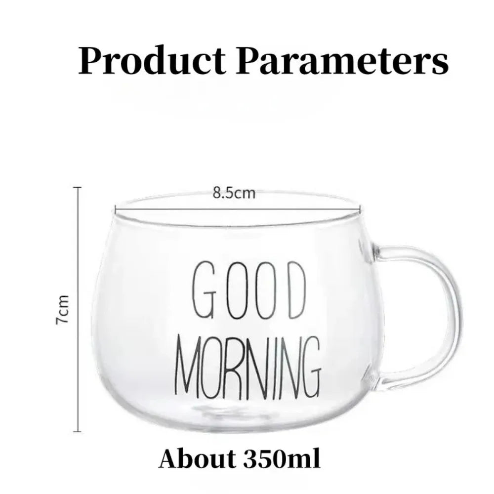 Letter Printed Glass Mug with Handle, Single 350ml Coffee and Tea Cup in Black Label or White Label Options for Breakfast Milk and Home Drinkware