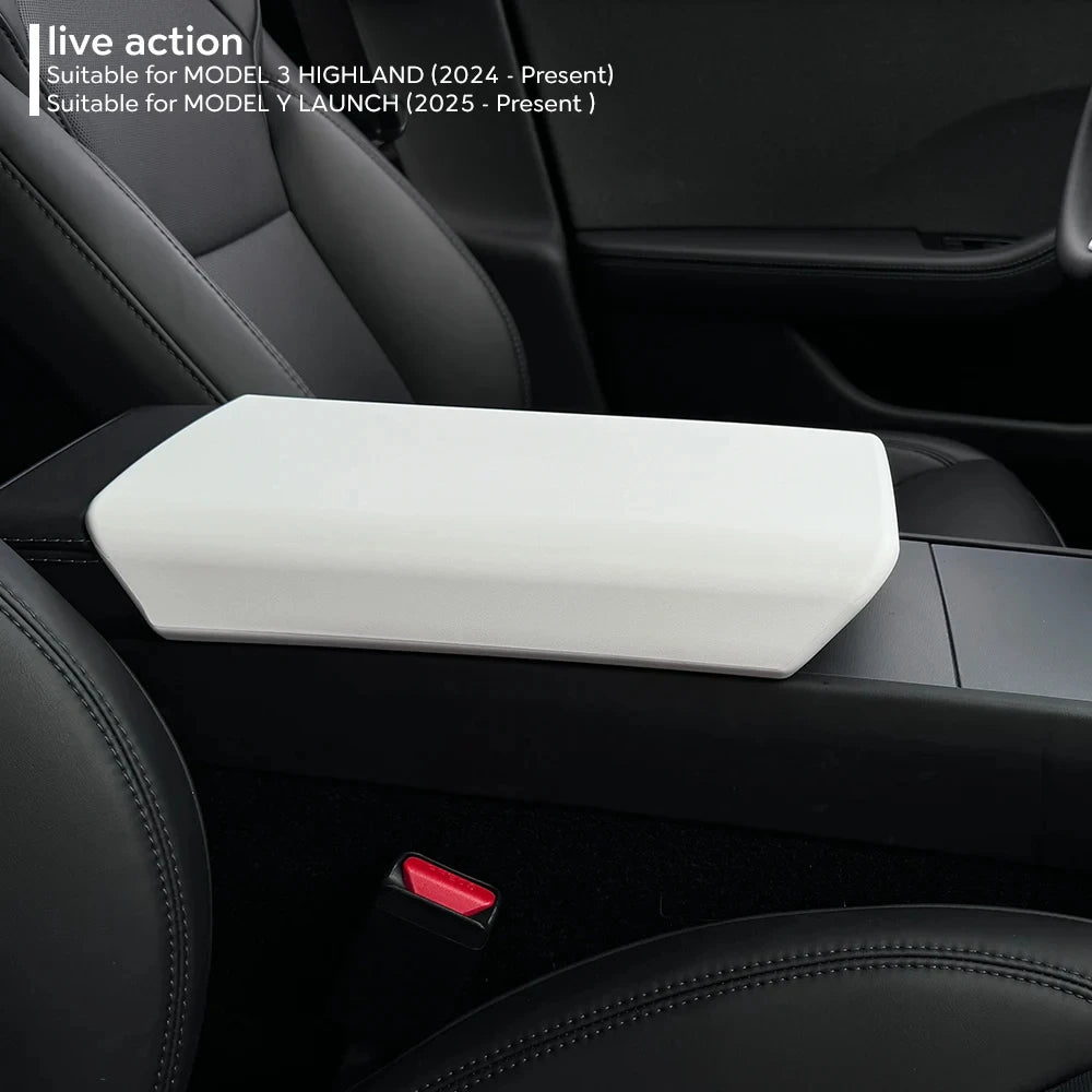 Tesla Console Lid Protector in TPE for Listed 2024 Model 3 Highland and 2025 Model Y Juniper, Soft Armrest Cover in Black or White Interior Options