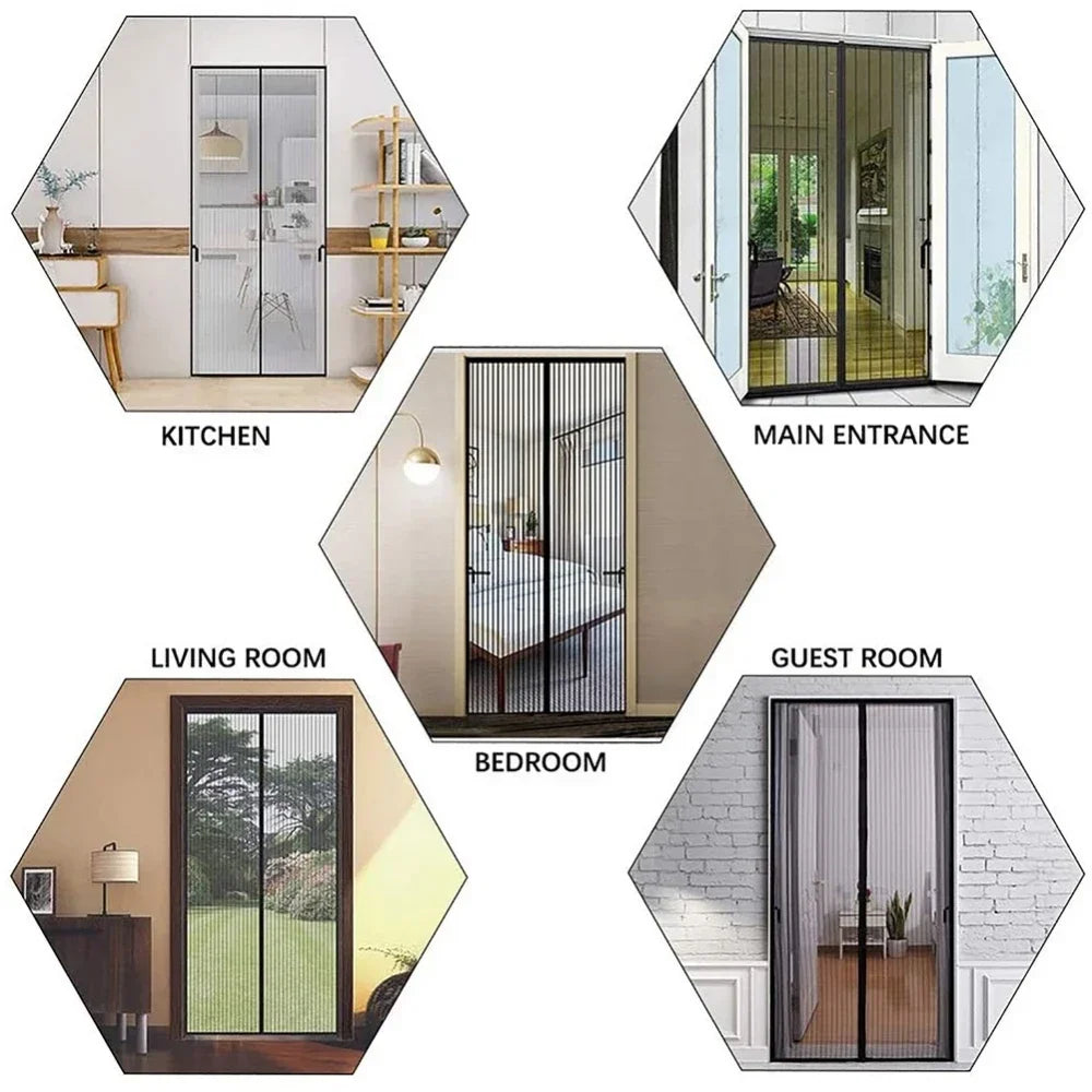 Magnetic Mesh Door Curtain with No-Drill Hook-and-Loop Mounting, Polyester Insect Screen in Black or White, 90 x 210 cm and 100 x 210 cm for Home Ventilation