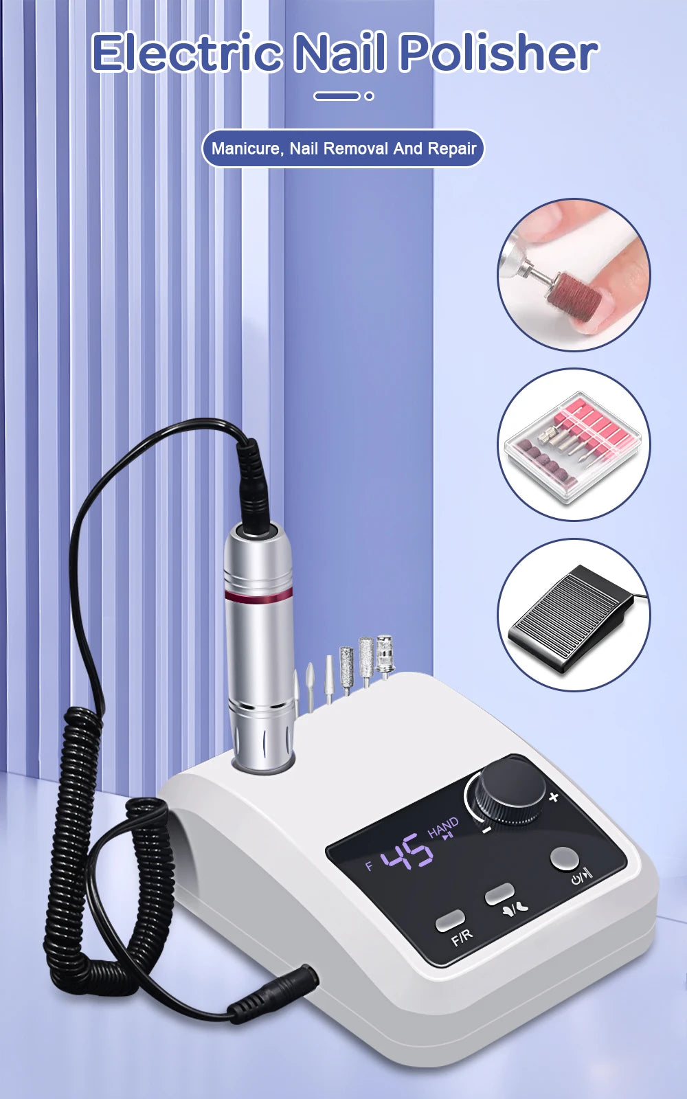 Rechargeable Nail Drill 204 with Listed 45,000 RPM Maximum, LCD Speed and Battery Display, Brushless Motor and Aluminum Alloy Body for Acrylic and Gel Filing