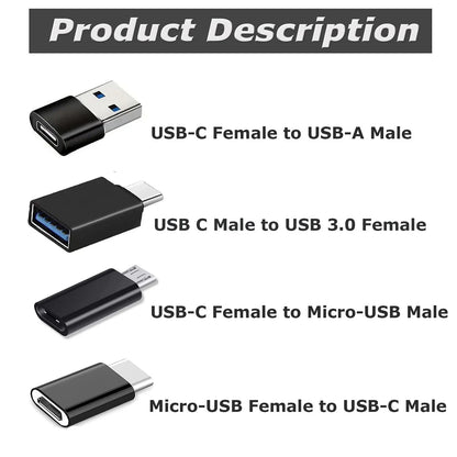 USB-C Adapter Assortment in Black with USB and Micro USB Connector References, Portable Connection Accessories for Compatible Laptop, Car and Travel Setups