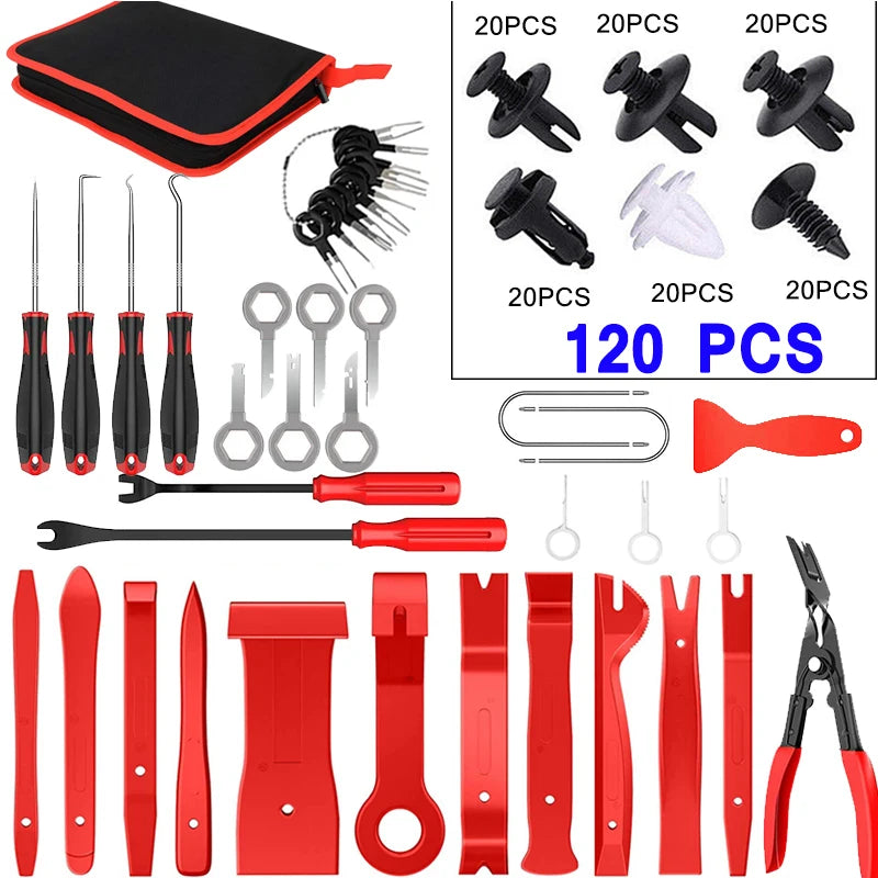 Car Interior Trim Removal Kit with Red or Blue 5, 11, 41 and 161 PCS Configurations for Compatible Door Panels, Stereo Surrounds and Fastener Release Tasks