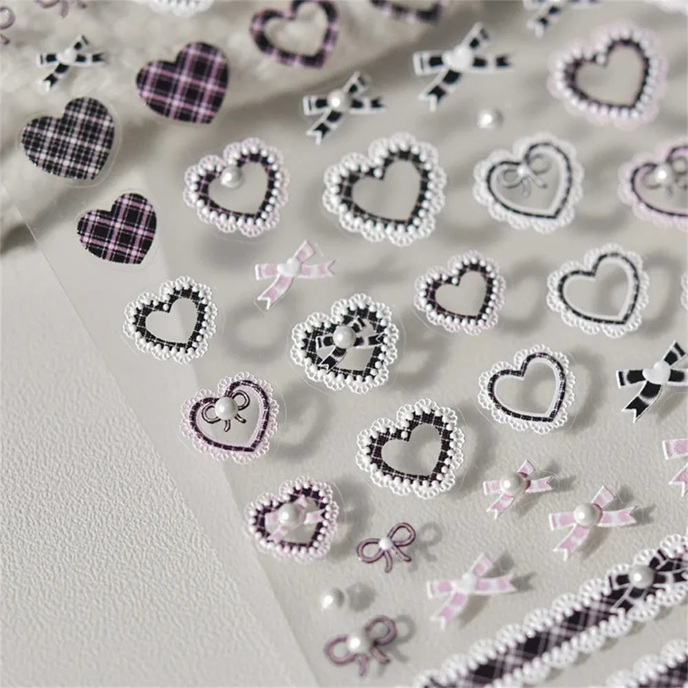 Kawaii Lace Nail Stickers, 1 Sheet of 5D Relief Self-Adhesive Bow and Red Heart Decals for Japanese-Style Wedding and Everyday DIY Manicures