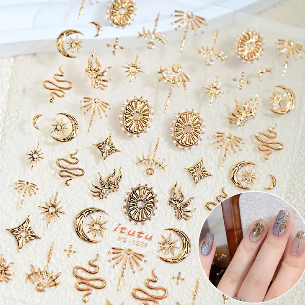 Snake and Moon Nail Art Stickers, Gold and Silver 5D Self-Adhesive Star Decals with Bronzing-Style Details for DIY Manicures and Nail Decoration