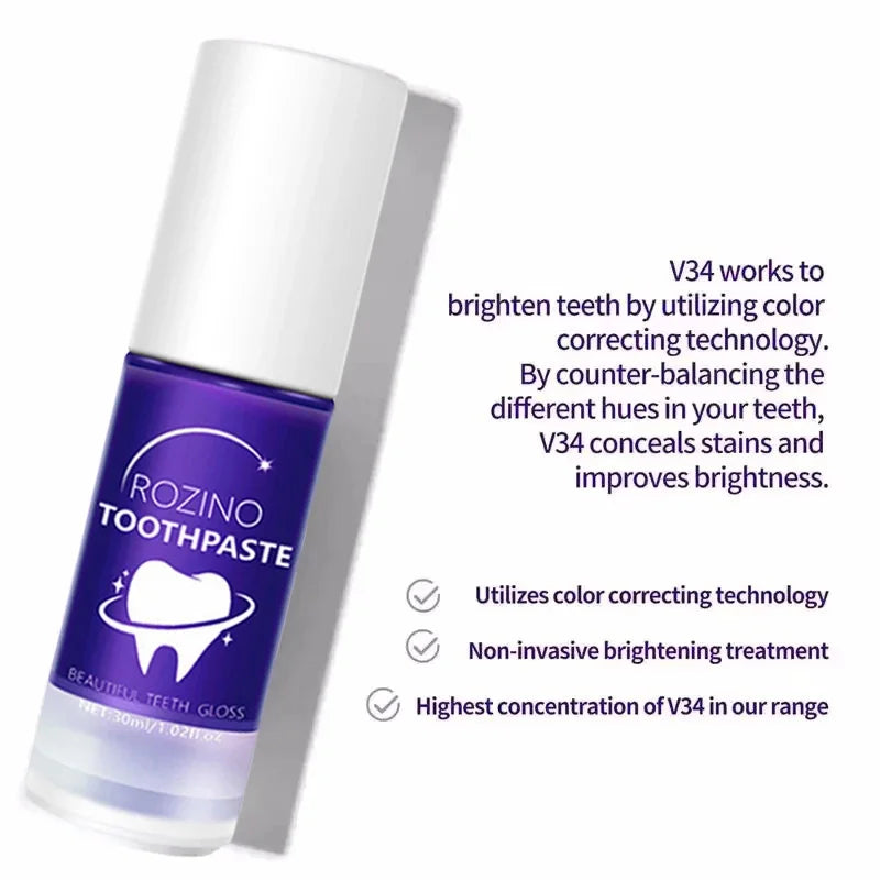 V34 Purple Toothpaste Serum with Color-Correcting Concept, 1-Piece, 2-Piece or Seven-Piece Box Options for Label-Guided Adult Oral Care Routines