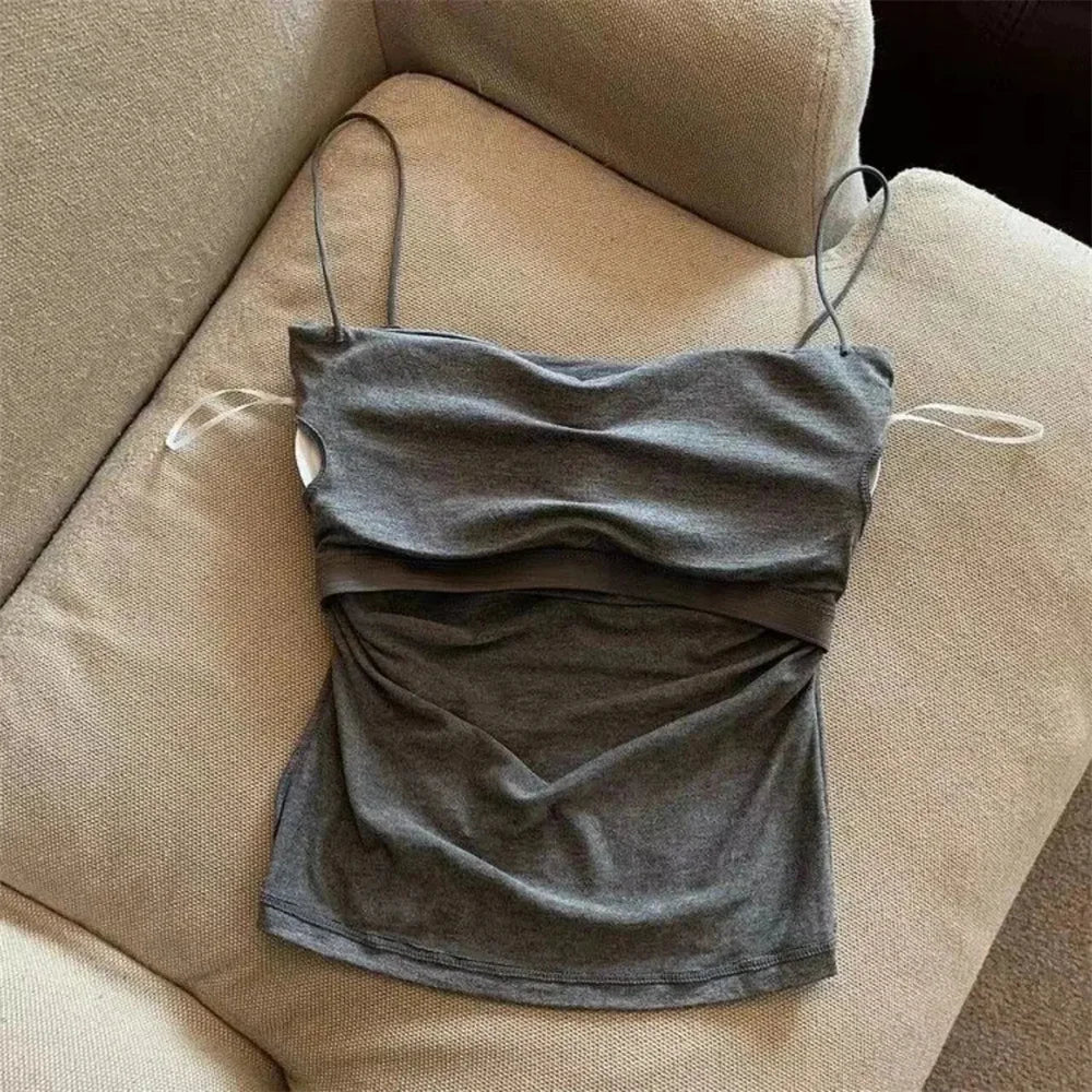 Women's Fixed Pad Crop Top with Thin Straps, Sleeveless Polyester Casual Tank in Red, Black, White or Grey, One Size for Layering and Going-Out Outfits