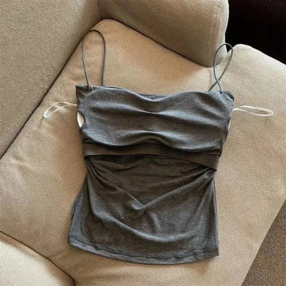 Women's Fixed Pad Crop Top with Thin Straps, Sleeveless Polyester Casual Tank in Red, Black, White or Grey, One Size for Layering and Going-Out Outfits