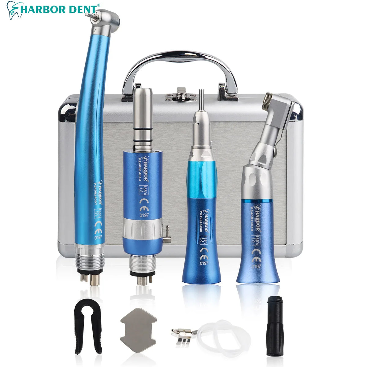 Dental Handpiece Set, 4-Piece High and Low Speed Air Turbine Kit with Straight Handpiece, Contra Angle and Air Motor, 2 or 4 Hole Options