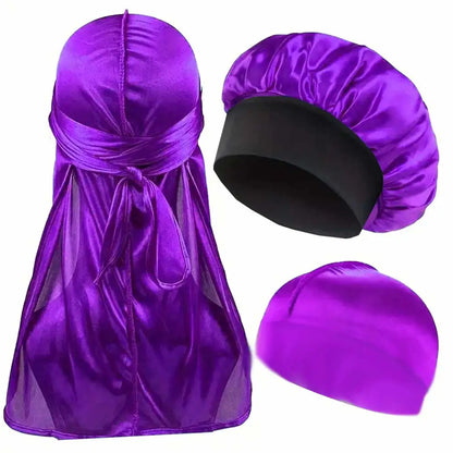 Durag Bonnet and Dome Cap Set, Listed Three-Piece Solid-Color Satin Headwear with Elastic Night Cap Reference for Adult Hair Wrap Routines and Casual Styling