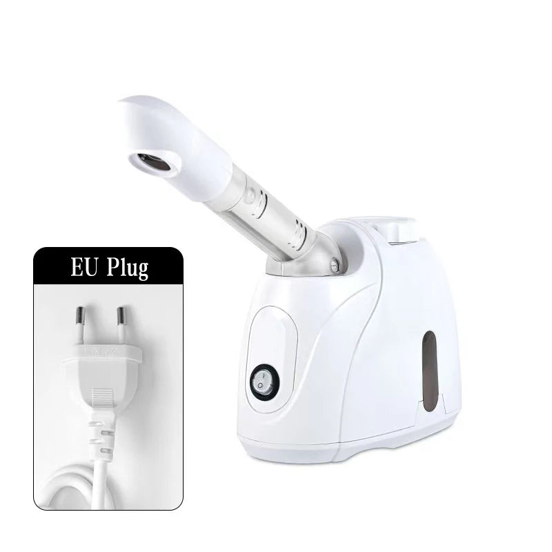 Rotating-Outlet Facial Steamer in White, 100ml Hot Steam Device with Extended Arm and Aroma Compartment for Home Beauty Routines, US or EU Options