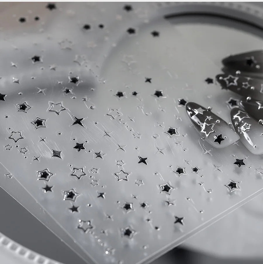 Star Nail Stickers with Five-Pointed Motifs, Black and Silver Color References and Hollow-Out Gilding-Style Details for Creative DIY Manicure Decoration