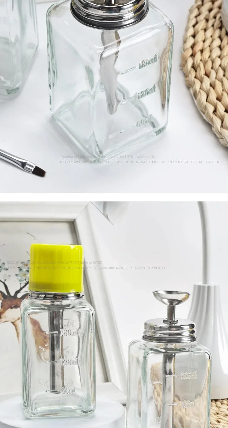 Glass Nail Liquid Pump Bottle 180ml, Empty Press-Top Dispenser for Compatible Manicure Cleansing Liquids and Nail Polish Remover at Home or Salon Stations