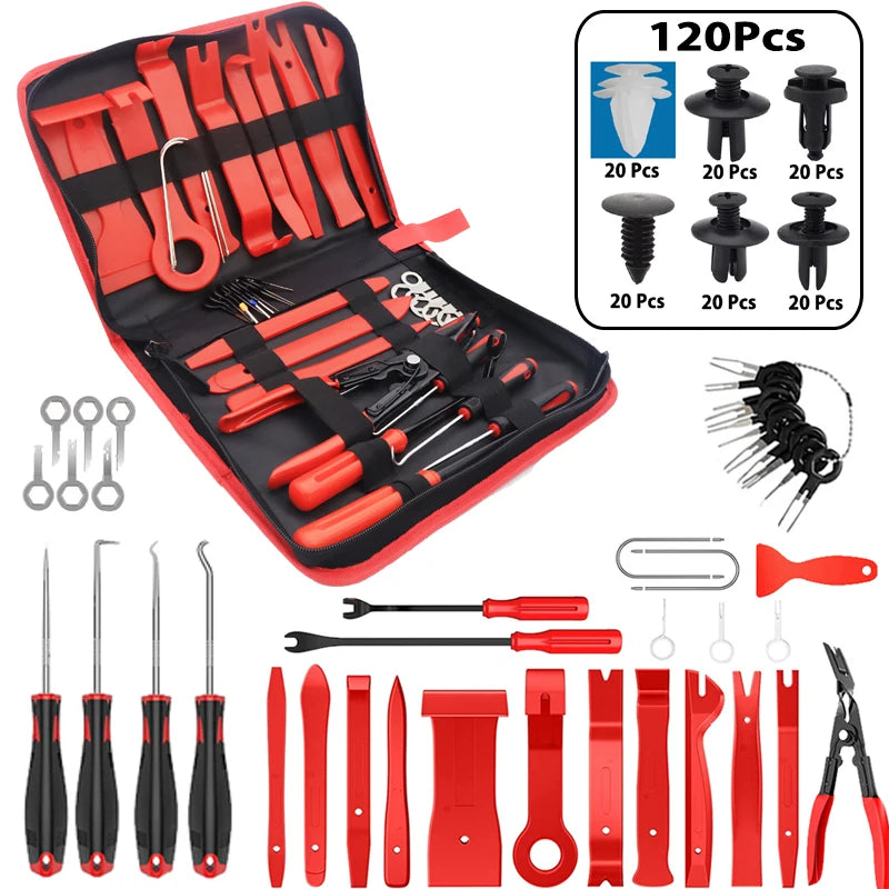 Car Interior Trim Removal Kit with Red or Blue 5, 11, 41 and 161 PCS Configurations for Compatible Door Panels, Stereo Surrounds and Fastener Release Tasks