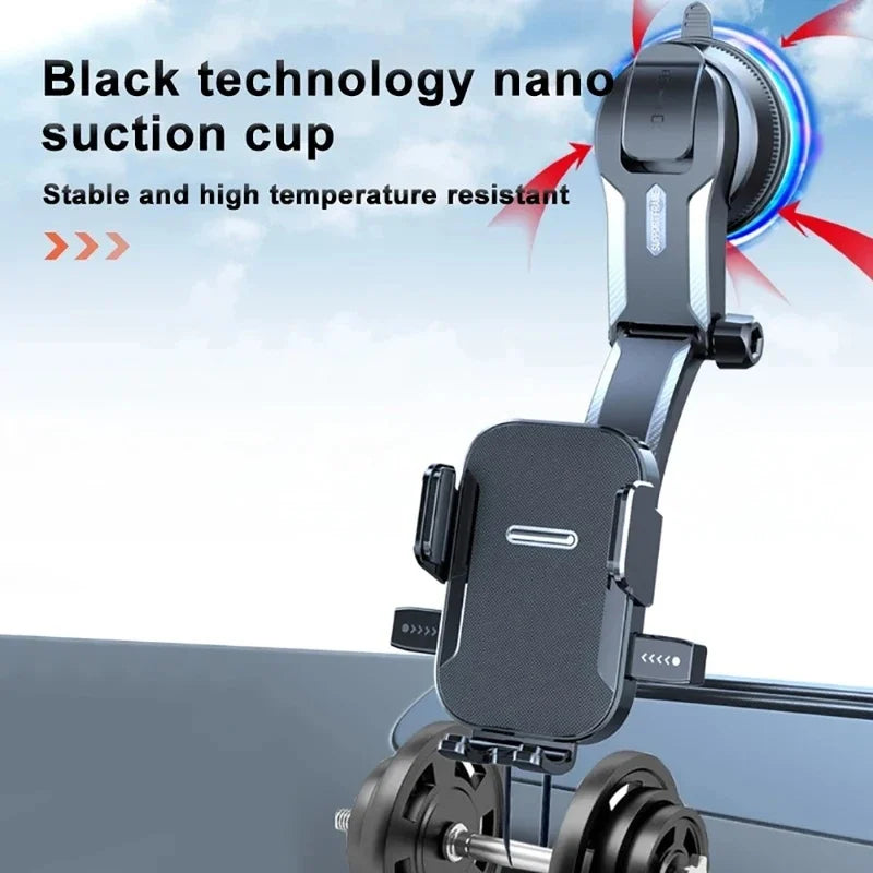 Car Phone Holder with Gravity Clamping Arms, Extension Rod and Suction Cup Base, Rotating Dashboard or Windshield Mount in Mirrored or Textured Options