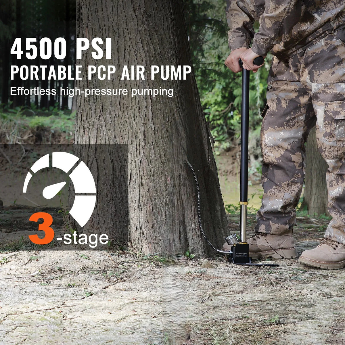 PCP Hand Pump by SucceBuy, Three-Stage Manual Air Pump with Listed 4500 PSI Rating, Pressure Gauge and Oil-Moisture Filter in Silver or Black Selections