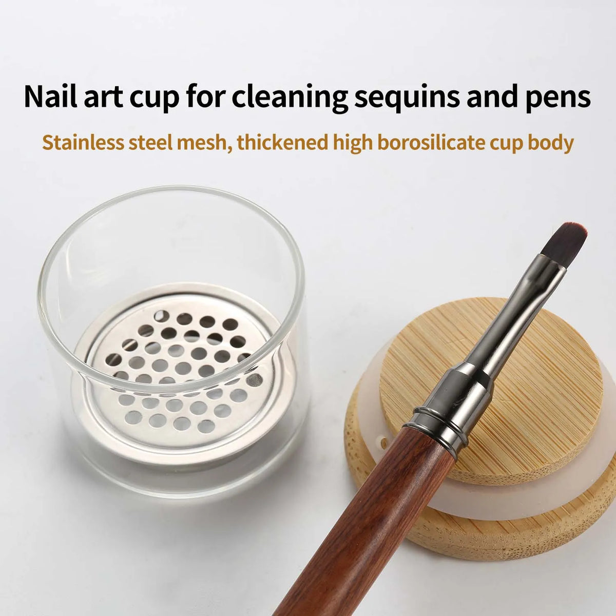 Nail Brush Cleaning Cup with Stainless Steel Mesh Base, Glass Manicure Tool Container for Brush Washing and Compatible Nail Drill Bit Cleaning