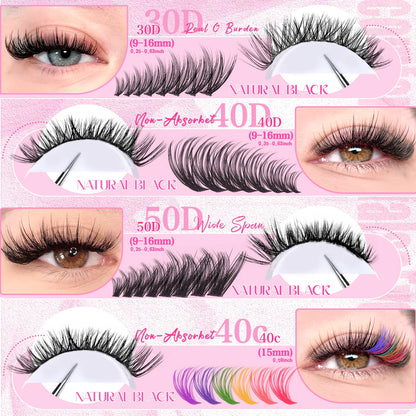 Color Mixed Lash Clusters, 12 and 30 Row Options with 345D and Wide Stem Styles for DIY False Eyelash Looks, Creative Eye Makeup and Occasions