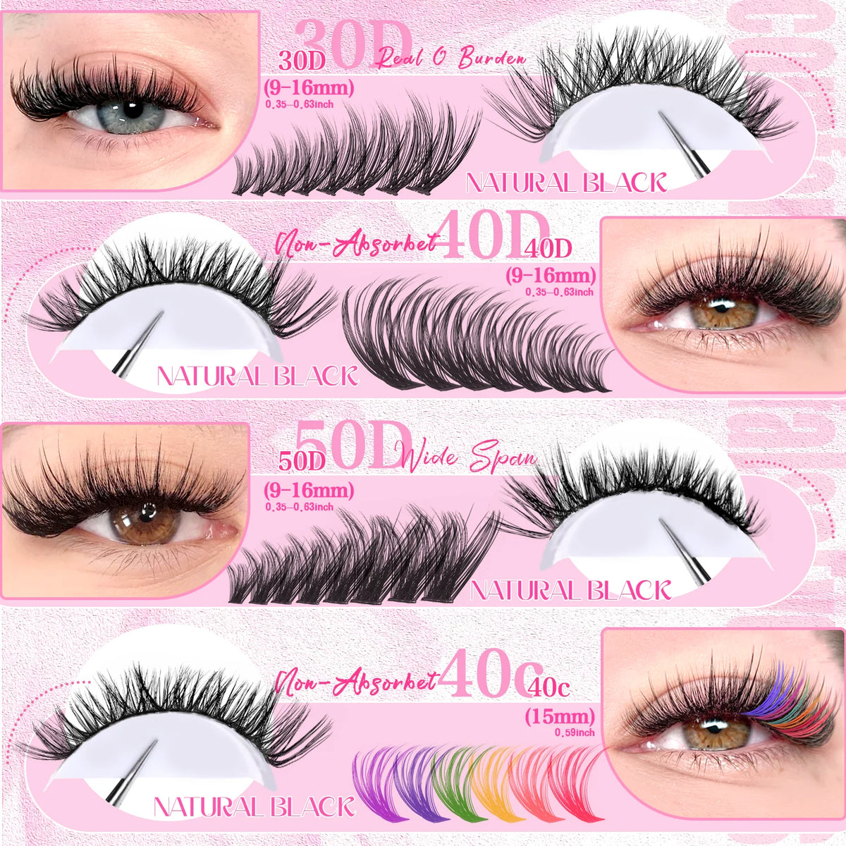 Color Mixed Lash Clusters, 12 and 30 Row Options with 345D and Wide Stem Styles for DIY False Eyelash Looks, Creative Eye Makeup and Occasions