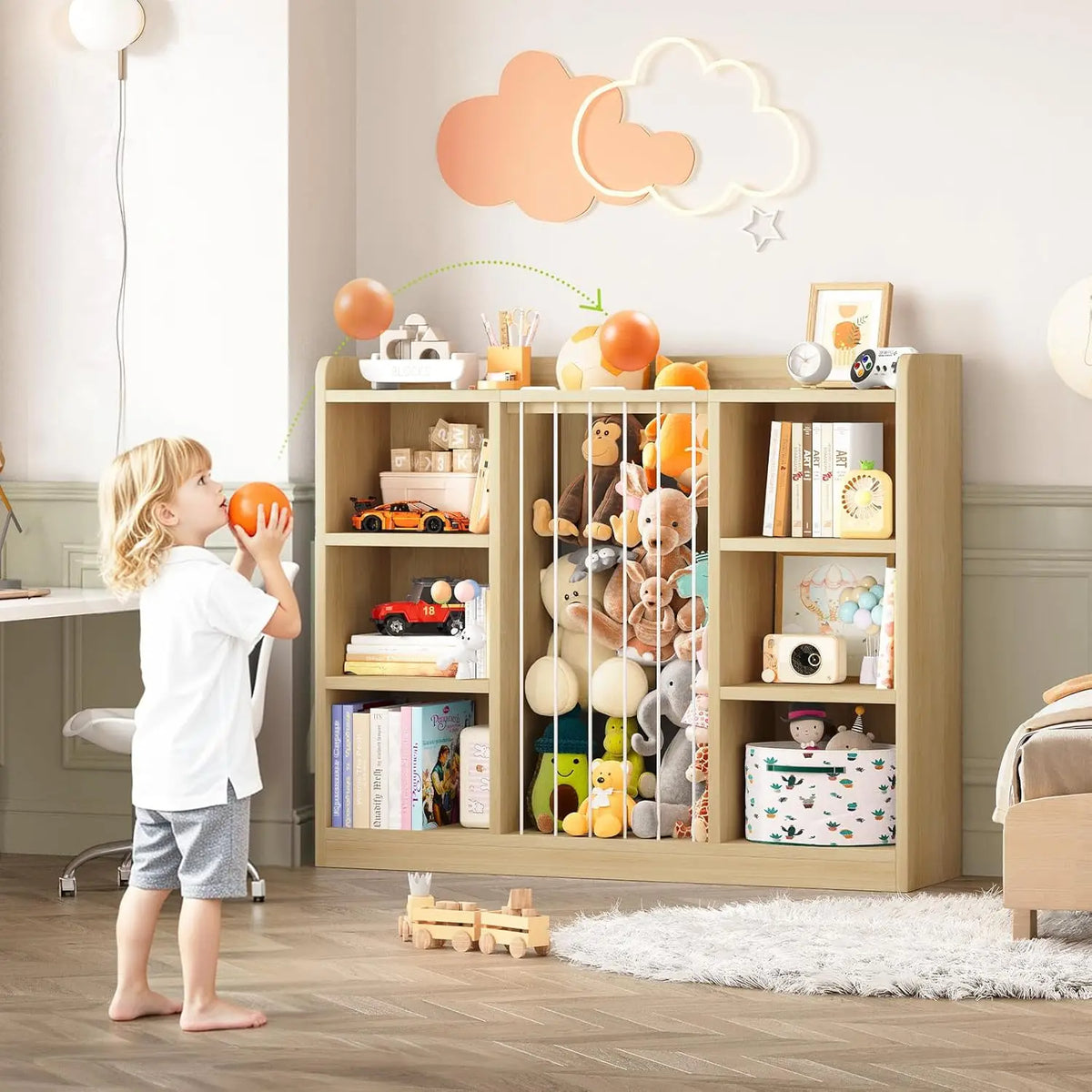 Toy Storage Shelf with Six Cubes and Rounded Corners, Light Yellow or Ivory Stuffed Animal Organizer for Playroom Cleanup and Bedroom Storage