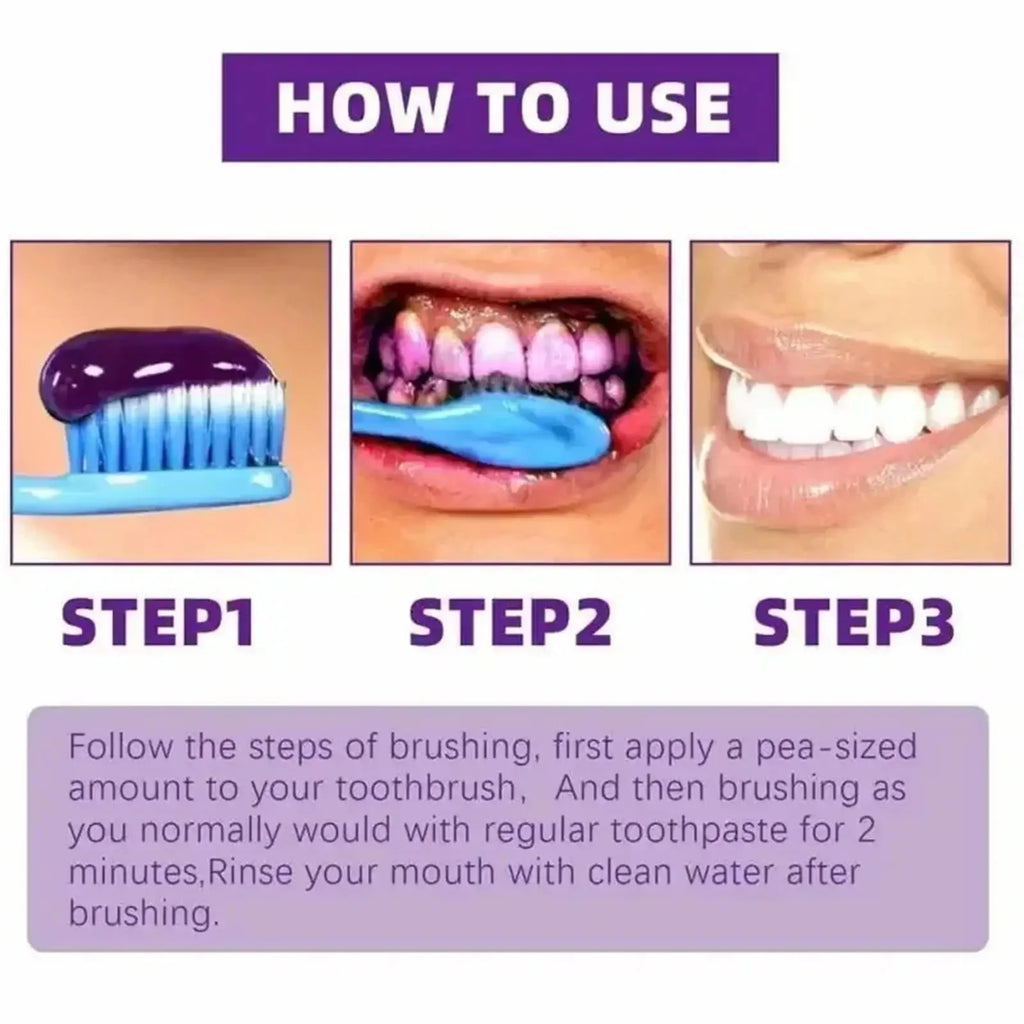 V34 Purple Toothpaste Serum with Color-Correcting Concept, 1-Piece, 2-Piece or Seven-Piece Box Options for Label-Guided Adult Oral Care Routines