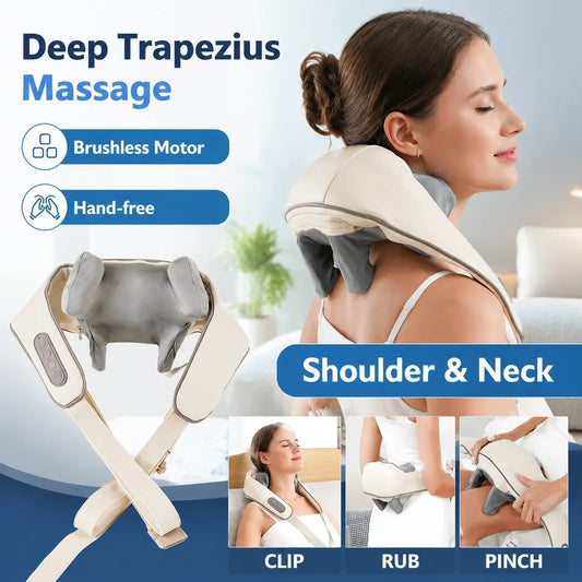 Brushless Motor Neck and Shoulder Massager with Wireless Kneading Shawl Design, White or Grey Options and USB Type-C Charging for Adult Home Relaxation