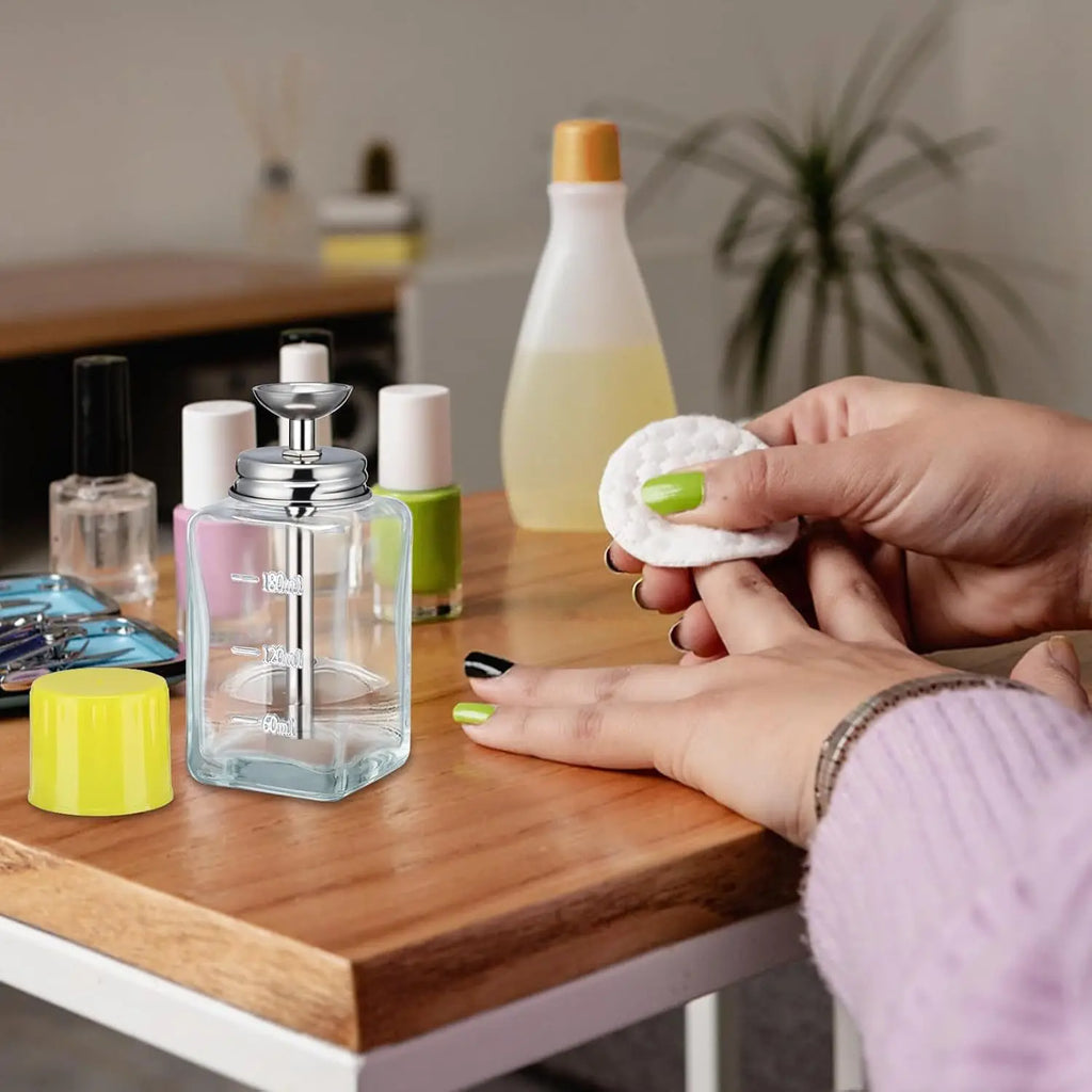 Nail Polish Remover Dispenser Bottle, 180ml Square Refillable Glass Container with Push-Down Pump for Home Manicures and Salon Nail Stations