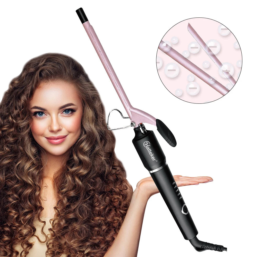 Hatteker 9mm Curling Wand, Slim Tourmaline Ceramic Barrel Hair Styling Iron with Listed 210–240V Rating and US, EU or UK Plug Options