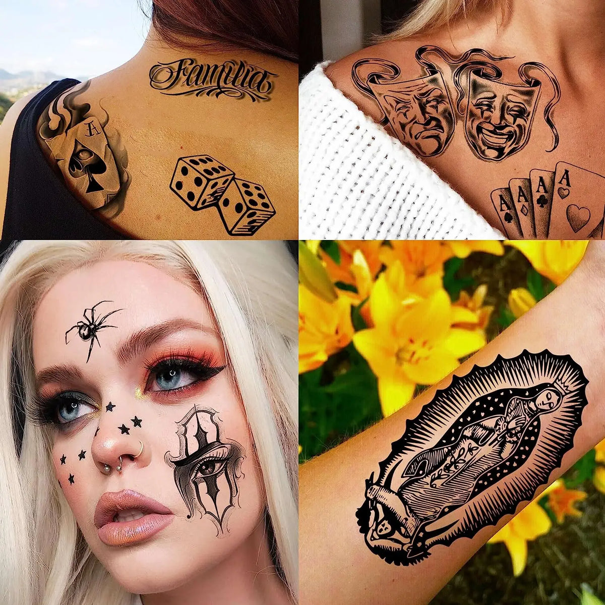Chicano Temporary Tattoos, 6 Sheets of Chicana and Guadalupe Inspired Body Art for Adult Men and Women, Halloween and Day of the Dead Styling