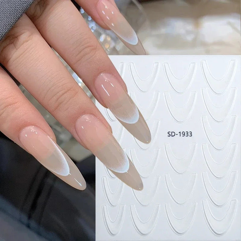 French Gradient Line Nail Art Stickers, White and Black Self-Adhesive 3D Decals for Natural, Acrylic and Artificial Nails, DIY Home and Salon Manicures