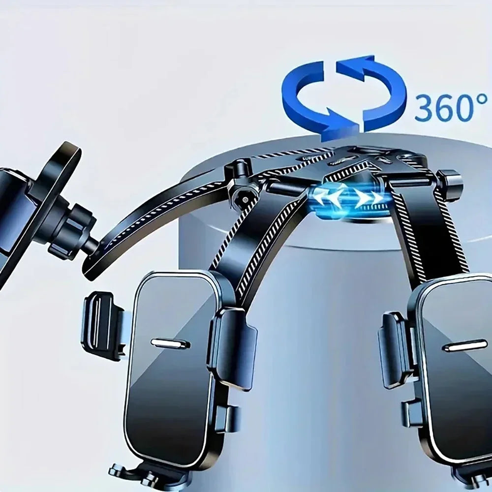 Car Phone Holder with Gravity Clamping Arms, Extension Rod and Suction Cup Base, Rotating Dashboard or Windshield Mount in Mirrored or Textured Options