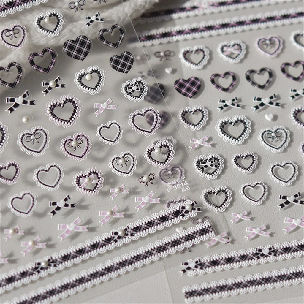 Kawaii Lace Nail Stickers, 1 Sheet of 5D Relief Self-Adhesive Bow and Red Heart Decals for Japanese-Style Wedding and Everyday DIY Manicures