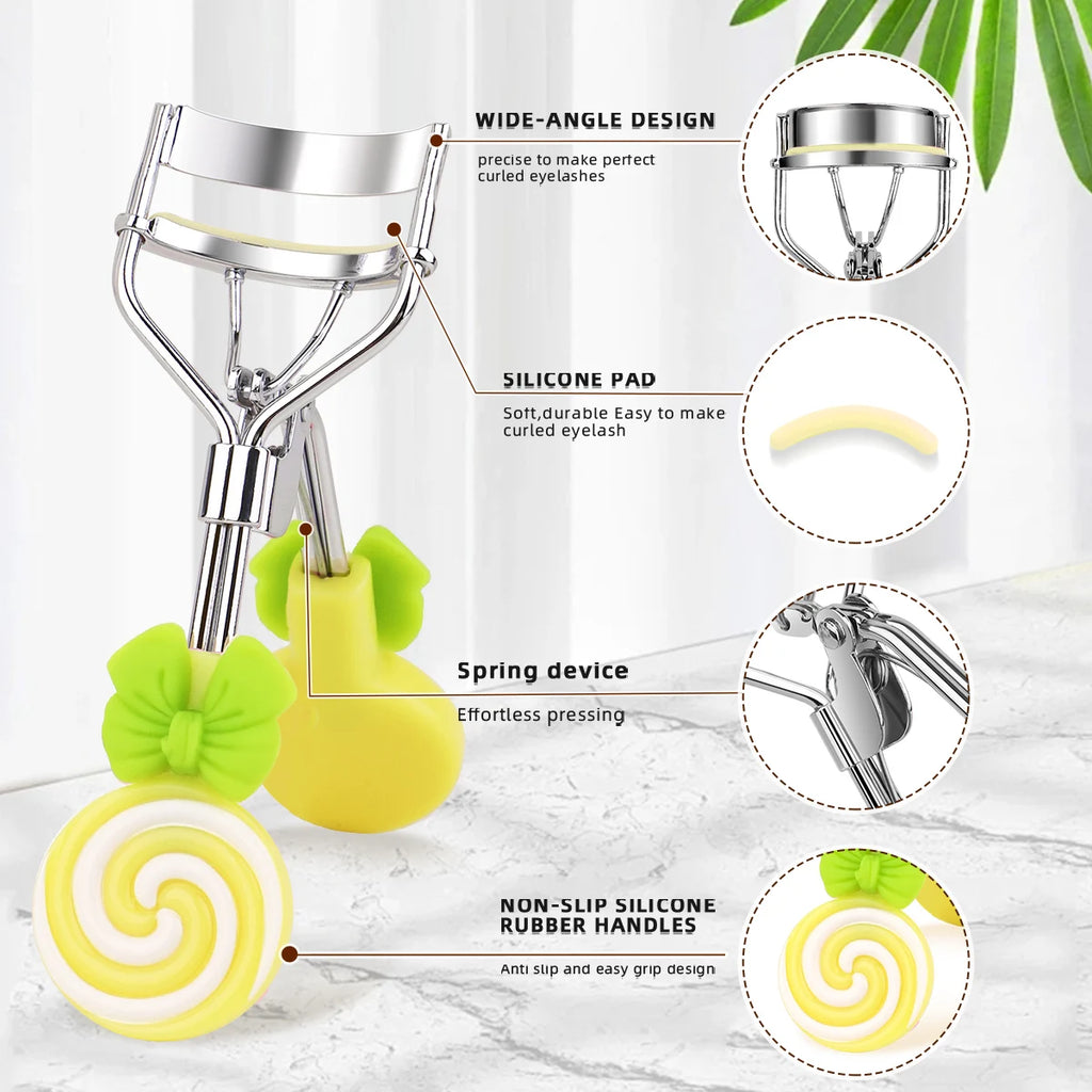 Lollipop Handle Eyelash Curler for Beginner Makeup Routines, Pink or Yellow Lash Curling Tool with Replaceable Strip Design and 1/6/16pcs Options