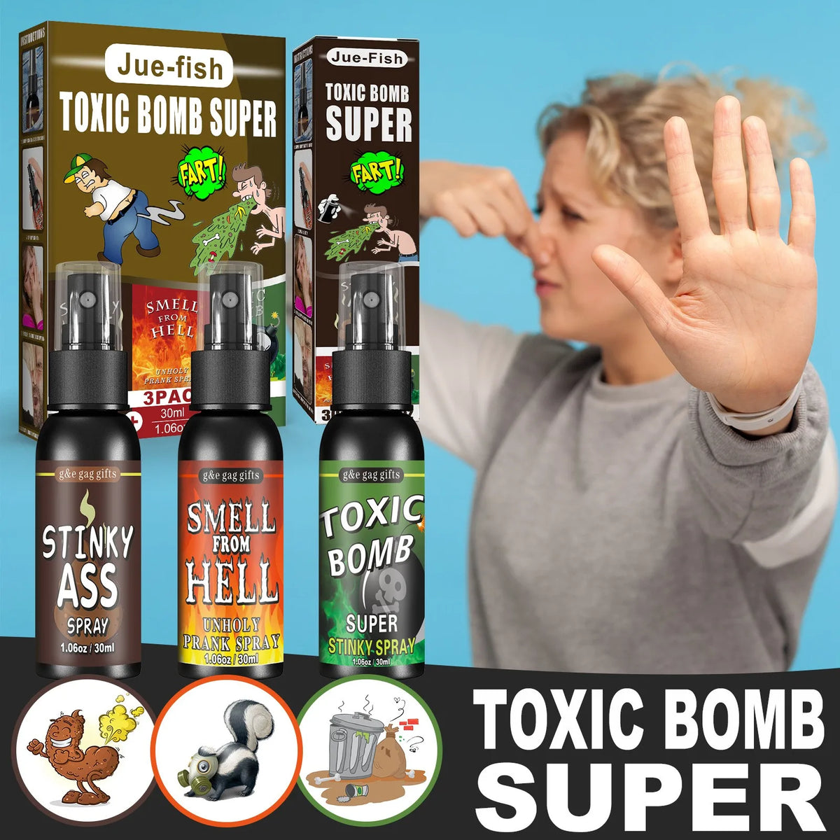 Fart Spray Novelty Liquid with Listed 30ml Pump-Action Bottle, Gag Gift Selection in A, B and C Single-Piece Labels or D Three-Piece Option