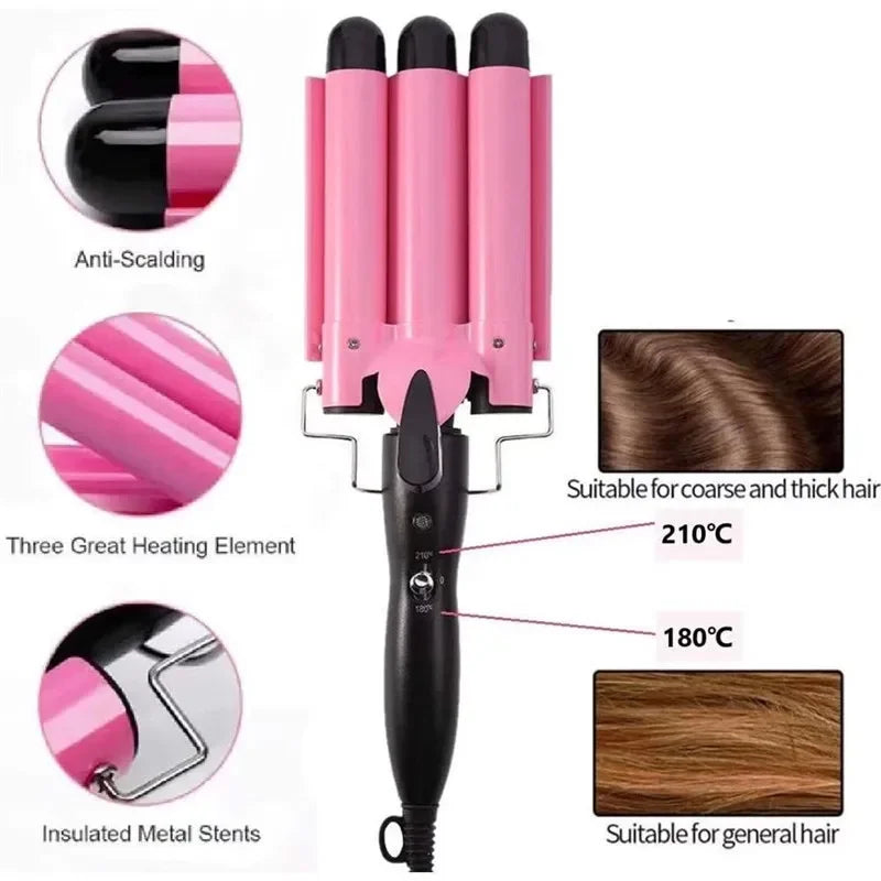 22mm Triple Barrel Hair Waver, Pink Wave Styling Iron with Ceramic Material Reference and UK, EU or US Plug Choices for Adult Hair Routines