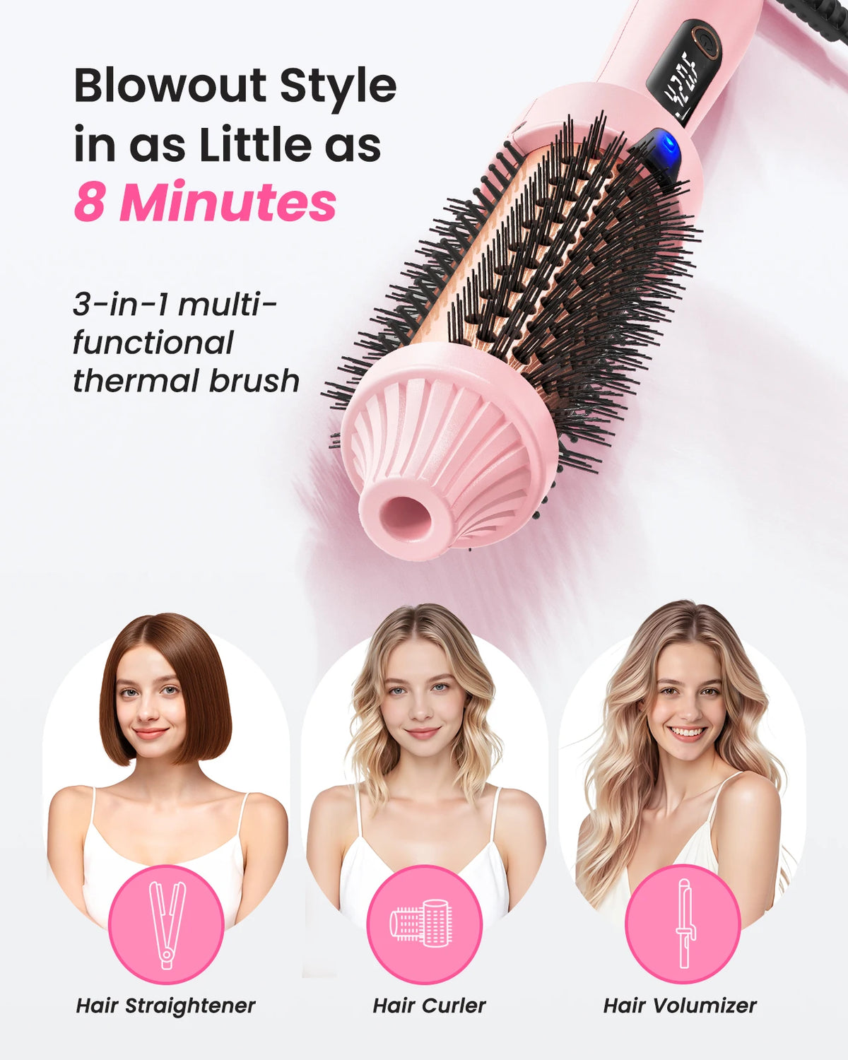 Ionic Heated Round Brush with Six Temperature Settings, LED Display and 110–240V Listed Dual Voltage for Curling, Smoothing and Root Volume, Pink